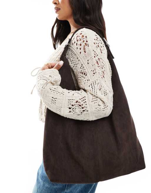Glamorous large faux suede tote bag with buckle strap in dark brown