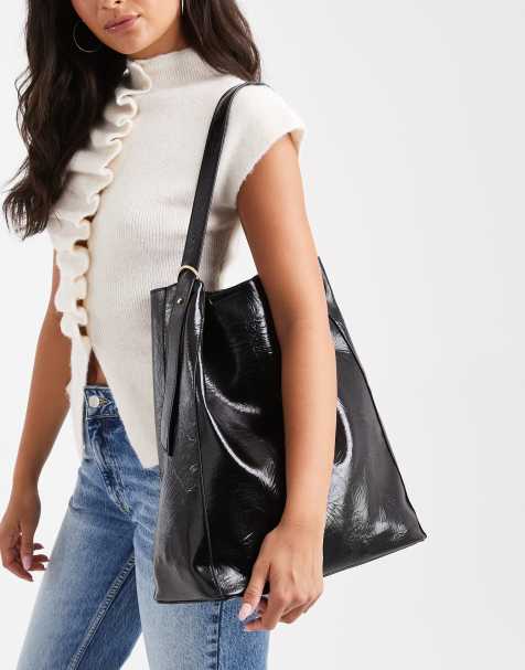 Glamorous large slouch shoulder bag in high shine black - view 1