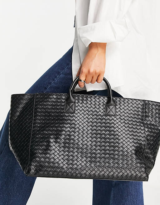 Glamorous large tote weekender bag in black weave