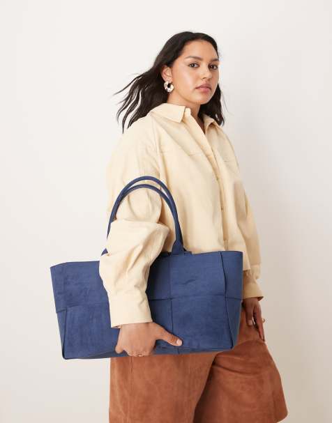 Glamorous large woven faux suede tote bag in dark blue - view 1