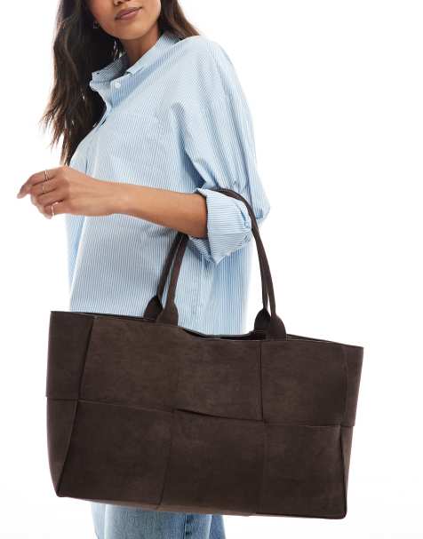 Glamorous large woven faux suede tote bag in dark brown - view 1