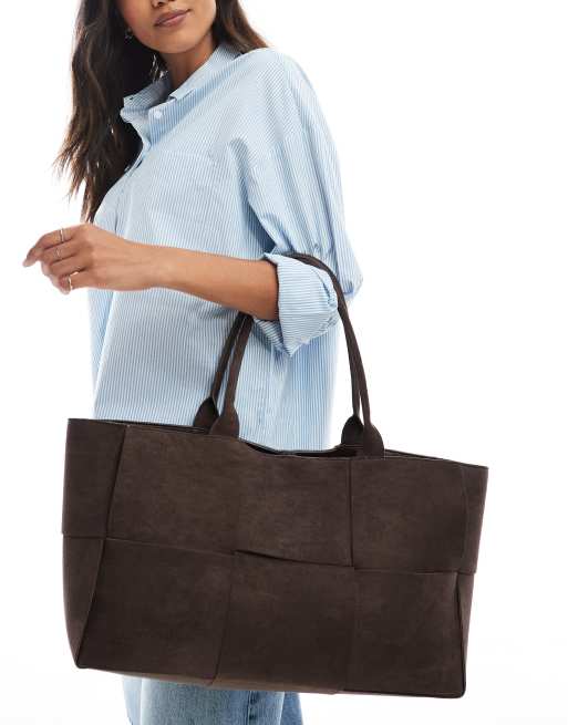 Glamorous large woven faux suede tote bag in dark brown