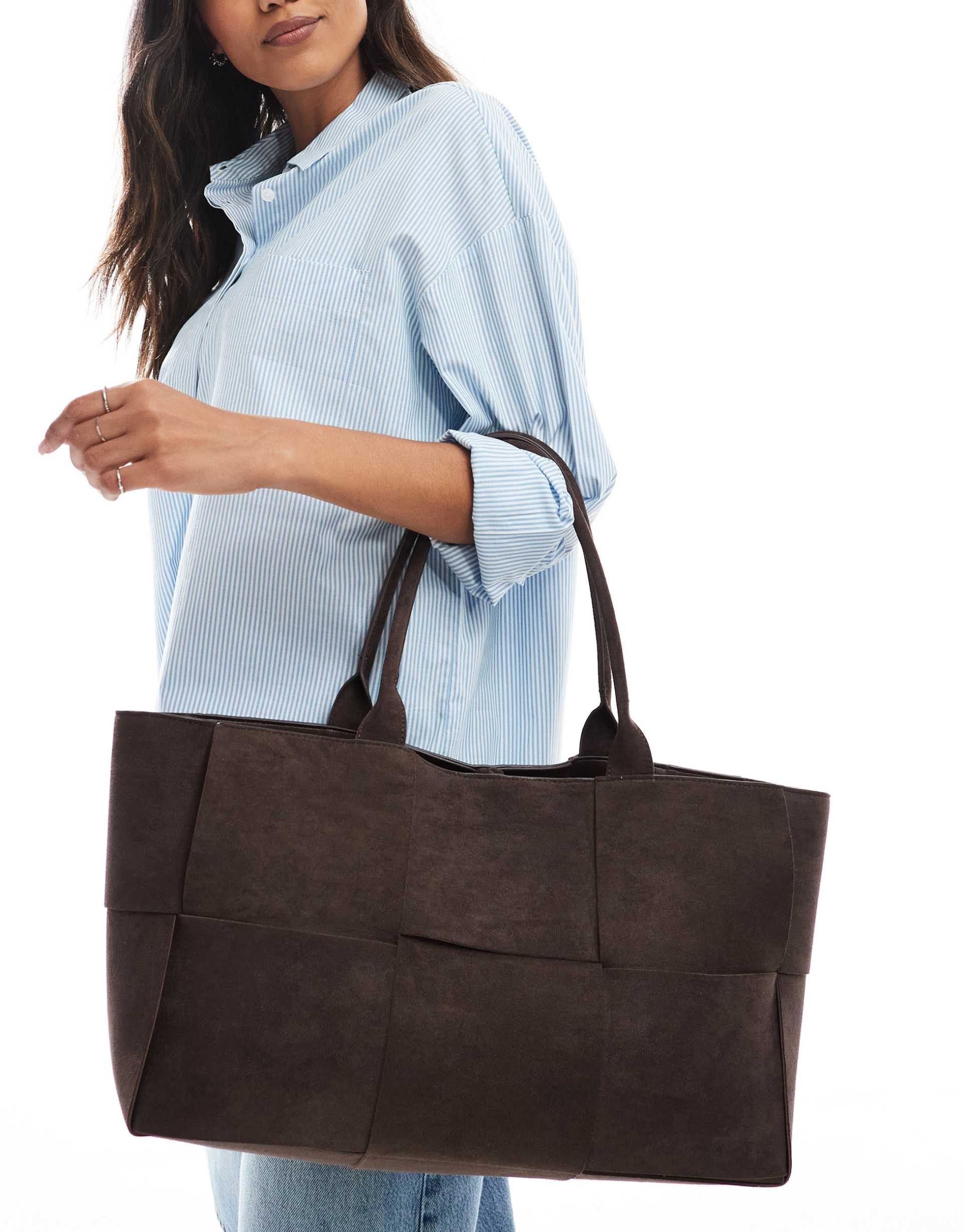 glamorous large woven faux suede tote bag in dark brown