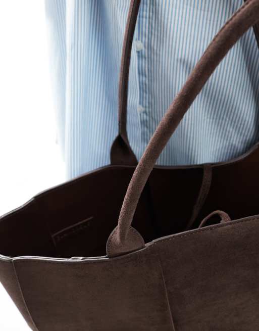Glamorous large woven faux suede tote bag in dark brown