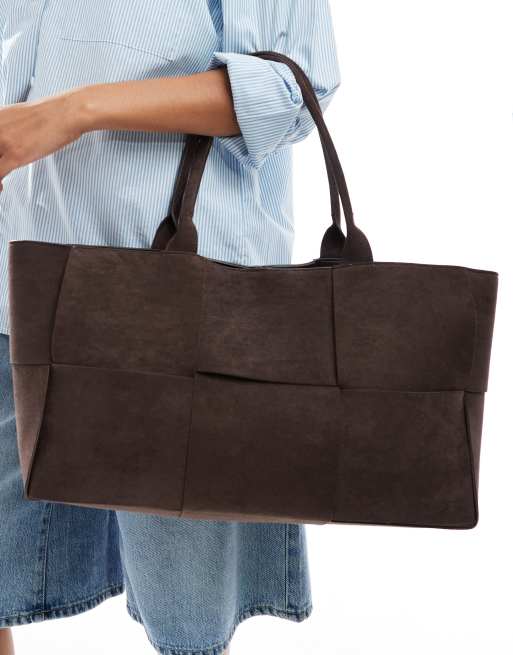 Glamorous large woven faux suede tote bag in dark brown