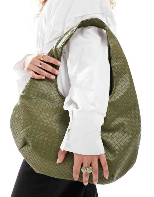 Glamorous large woven shoulder bag in dark green, 2 of 4