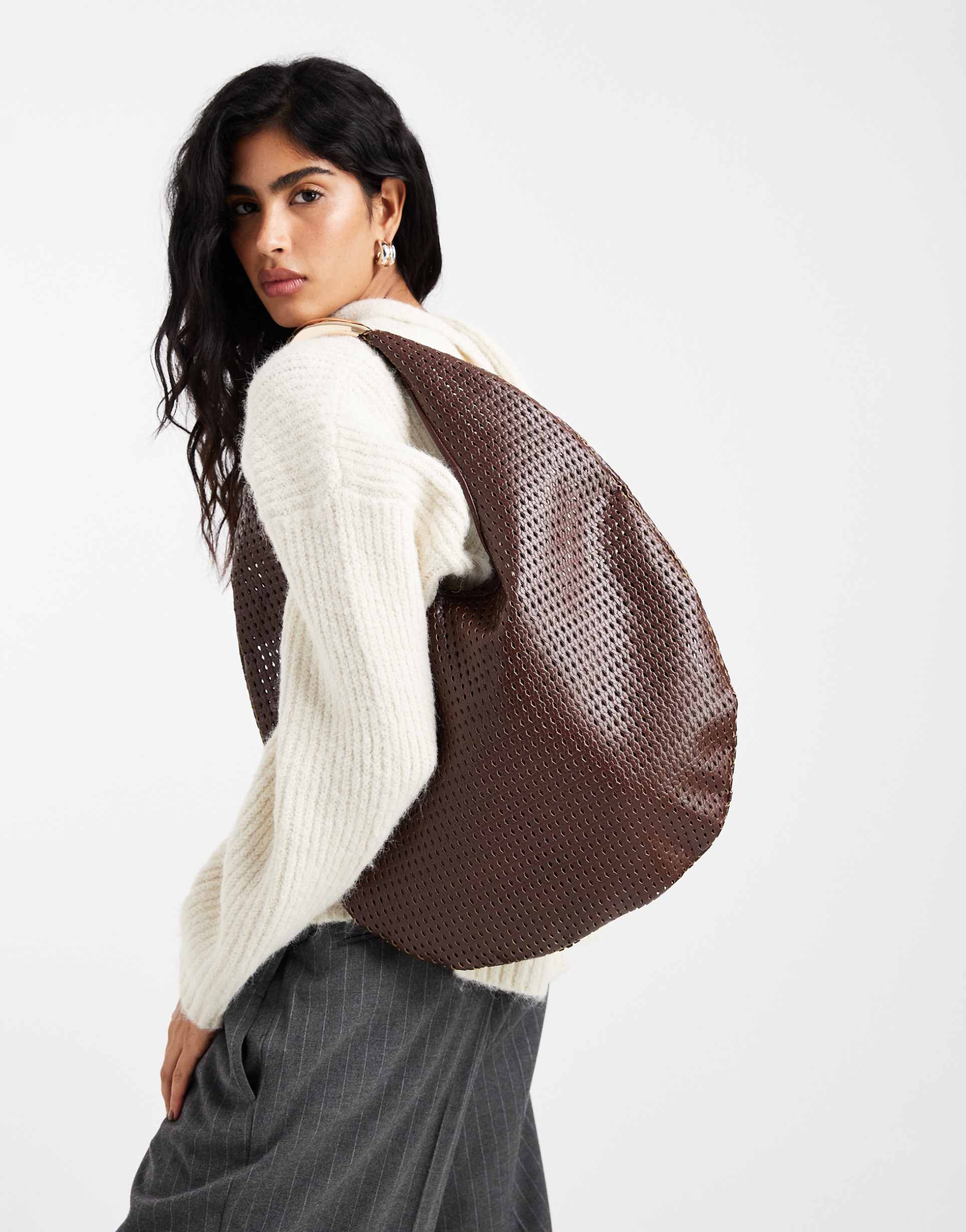 glamorous large woven shoulder bag with gold-tone metal hardware in brown