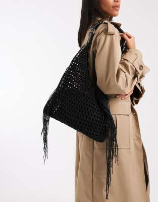 Glamorous - Lässige, gewebte Schultertasche in Schwarz mit Fransen