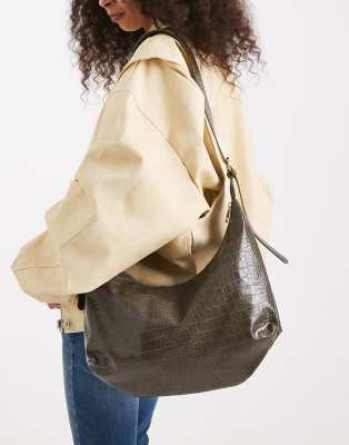 Glamorous - Lässige Schultertasche in Kroko-Khaki-Grün