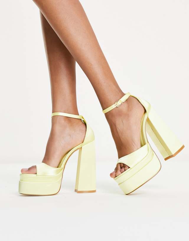 Glamorous layered platform heel sandals in lemon satin