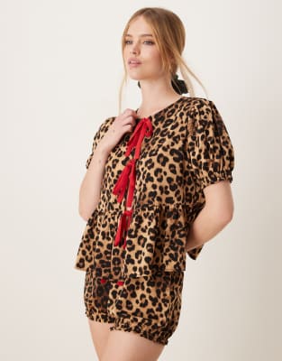 Glamorous Glamorous leopard print with contrast red bows top and shorts pyjama set-Brown