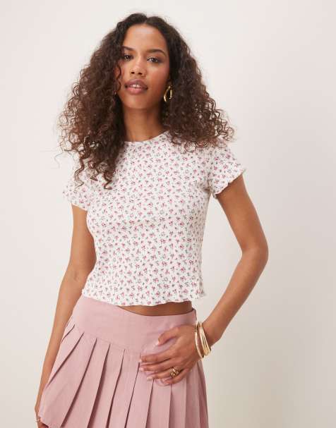 Glamorous Lettuce hem t-shirt in white ditsy pointelle - view 1