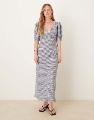 Glamorous Light-Blue Check V-Neck Midi Tea-Dress in light blue check-Multi