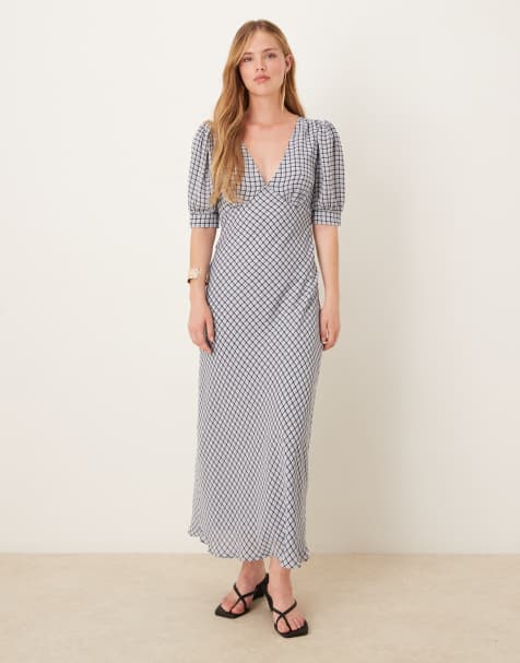 Glamorous Light-Blue Check V-Neck Midi Tea-Dress in light blue check