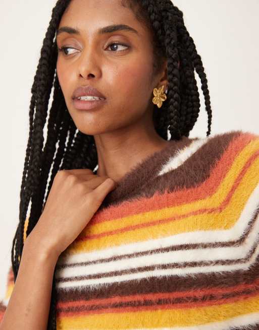 Glamorous – Lockerer Oversize-Strickpullover in Braun und Orange gestreift, 2 von 4