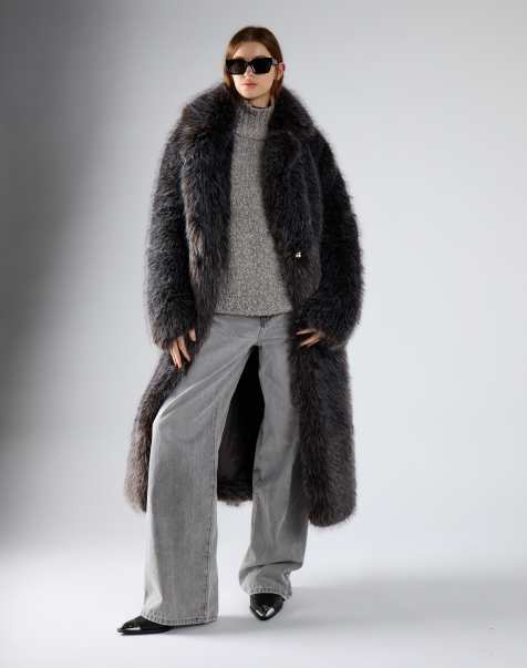 Glamorous Long faux fur coat in dark grey tipped fur - view 1