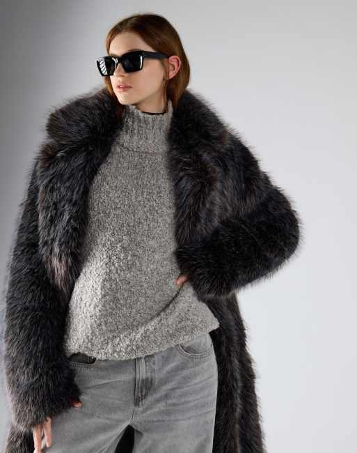 Glamorous Long faux fur coat in dark grey tipped fur, 2 of 4