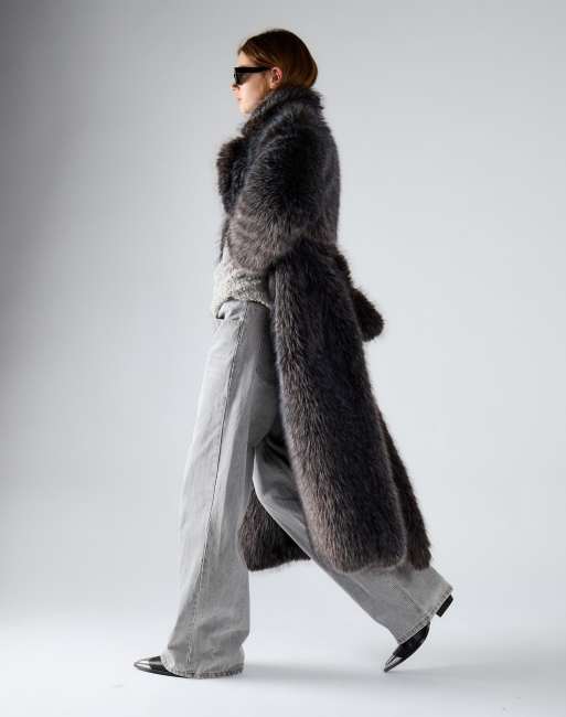 Glamorous Long faux fur coat in dark grey tipped fur, 3 of 4