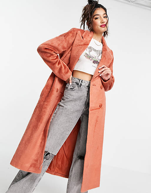 Glamorous long faux fur coat with tie waist in rust