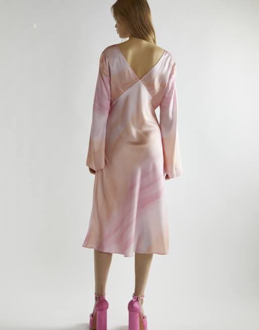 Glamorous Long flared sleeve midi dress in pastel digital tie dye, 2 of 4