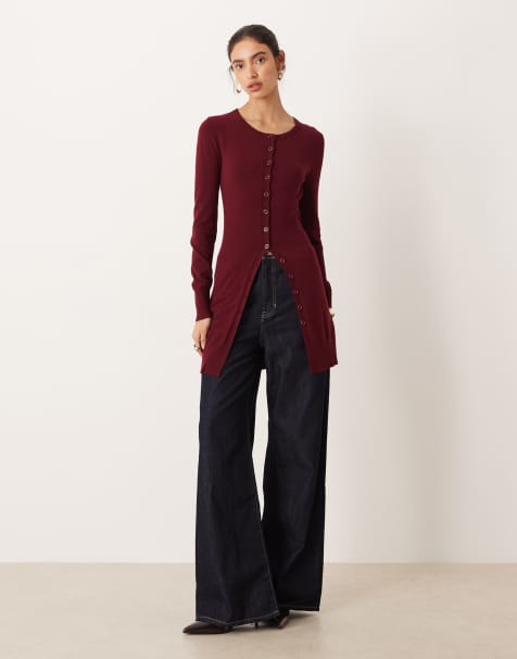 Glamorous long line cardigan in burgundy - view 1