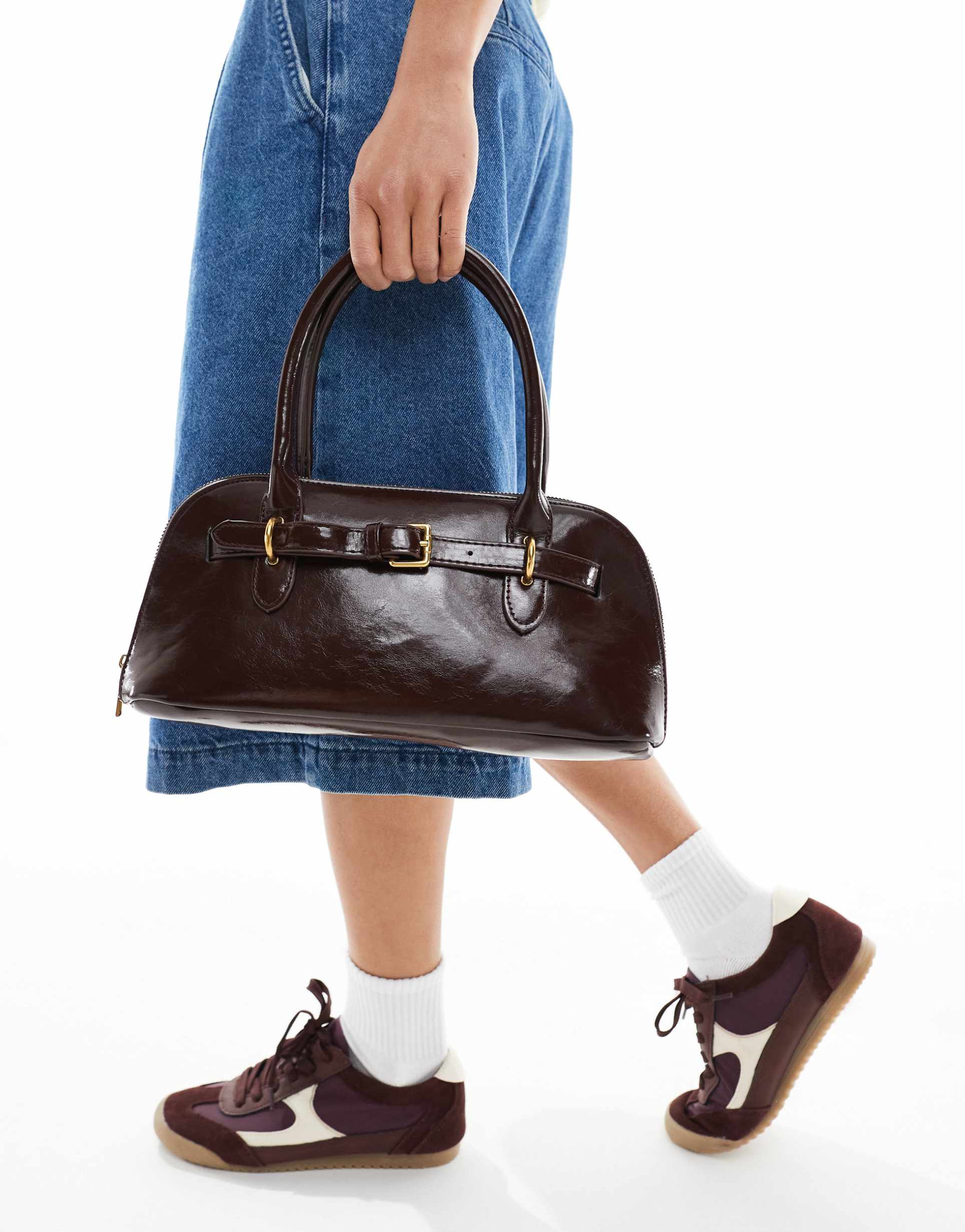 glamorous long shoulder bag with belt detail in burgundy