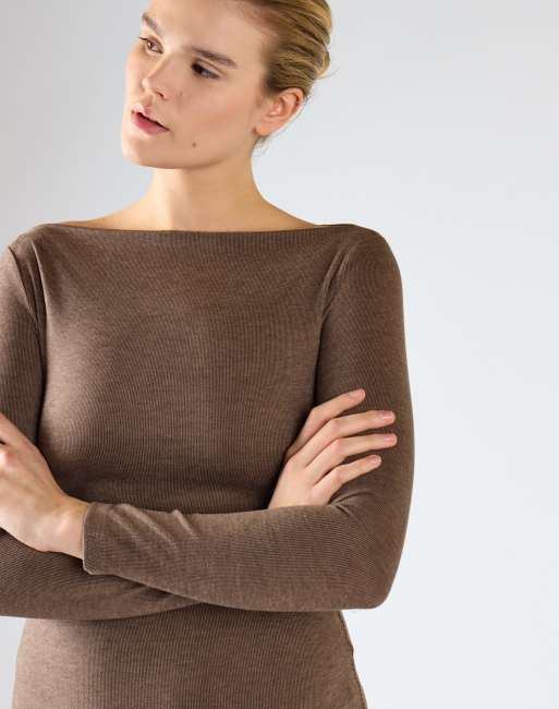 Glamorous Long sleeve bodycon midi dress in brown rib, 3 of 4