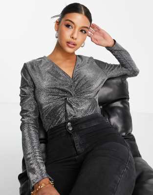 Glamorous long sleeve bodysuit with twist front detail in silver shimmer - ASOS Price Checker