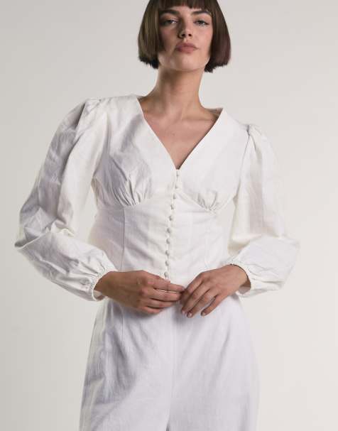 Glamorous Long sleeve button front v-neck blouse in off white linen - view 1