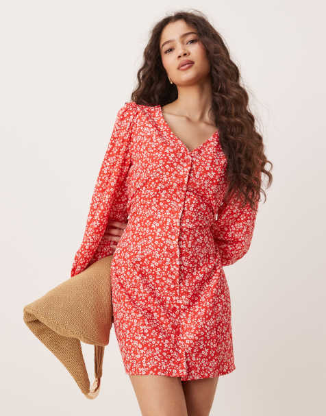 Glamorous long sleeve button up tea dress in red ditsy floral - view 1