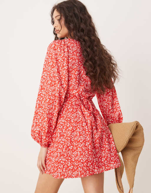 Glamorous Long Sleeve Button Up Tea Dress in Red Ditsy Floral