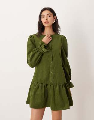 Glamorous Glamorous long sleeve cord smock mini dress in olive green