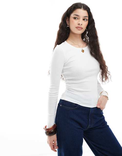 Glamorous long sleeve crew neck top in white rib