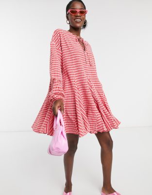 Glamorous Long Sleeve Dress With Skater Skirt In Gingham Plaid-red