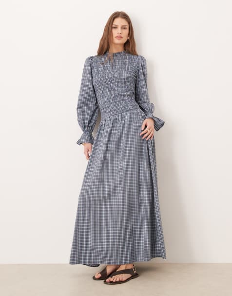 Glamorous long sleeve drop waist maxi dress in blue  green check