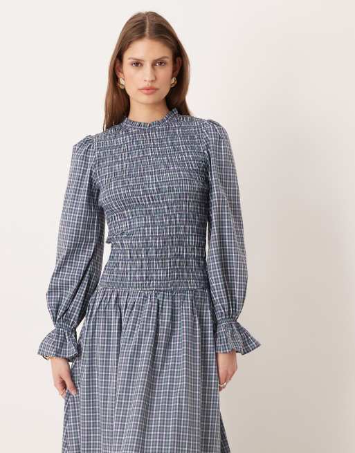 Glamorous long sleeve dropped waist maxi dress in blue green plaid, 2 of 4
