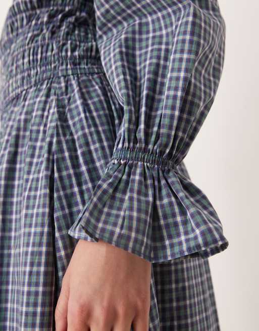 Glamorous long sleeve dropped waist maxi dress in blue green plaid, 3 of 4