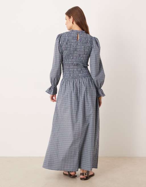 Glamorous long sleeve dropped waist maxi dress in blue green plaid, 4 of 4