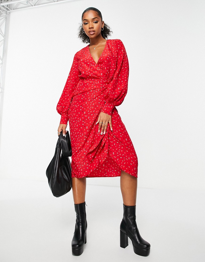 Glamorous long sleeve fitted wrap dress in multi red ditsy floral