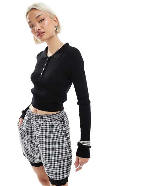 Glamorous long sleeve knitted polo top in black
