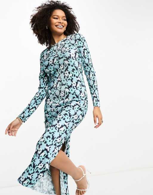 Glamorous long sleeve maxi dress in blue floral plisse ASOS