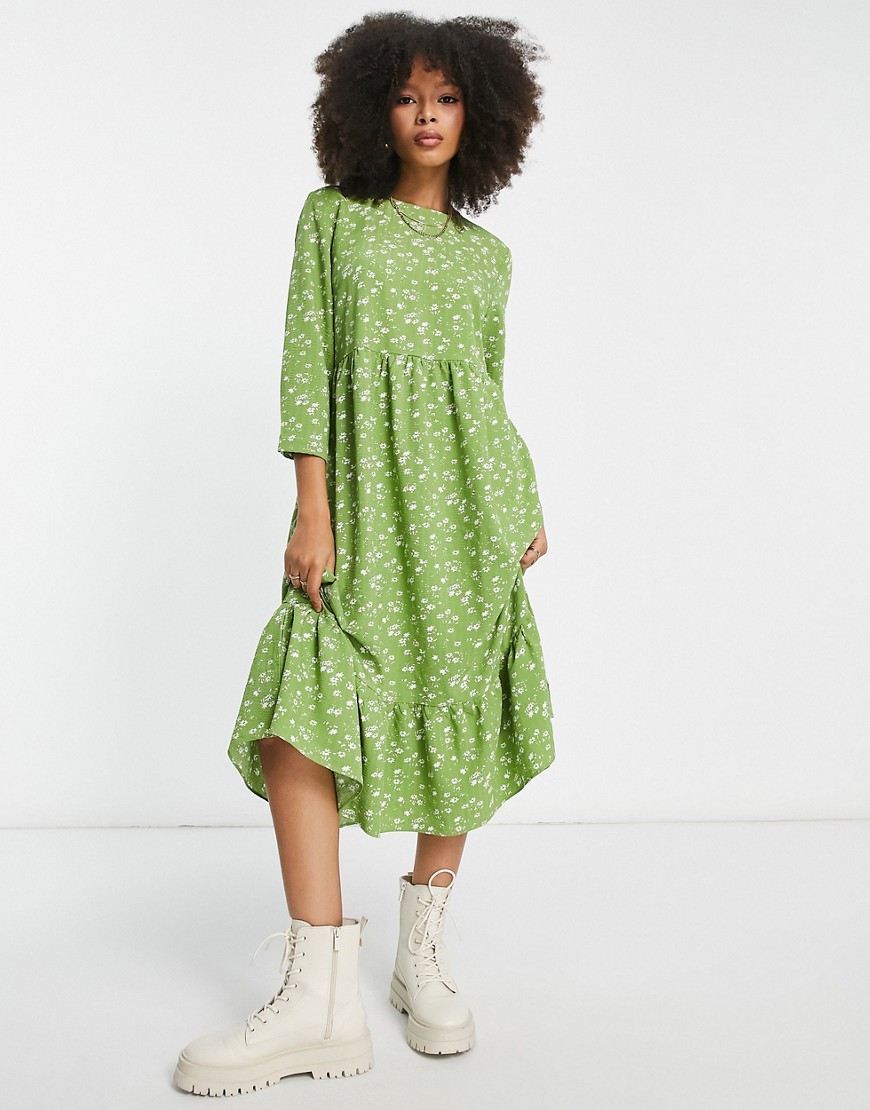 Glamorous long sleeve maxi smock dress in green white floral-Multi