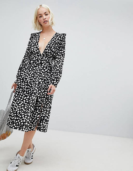 Glamorous long sleeve midi dress with flutter sleeves in smudge polka dot 