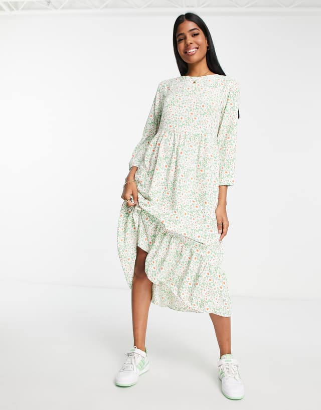 Glamorous long sleeve midi smock dress in green daisy