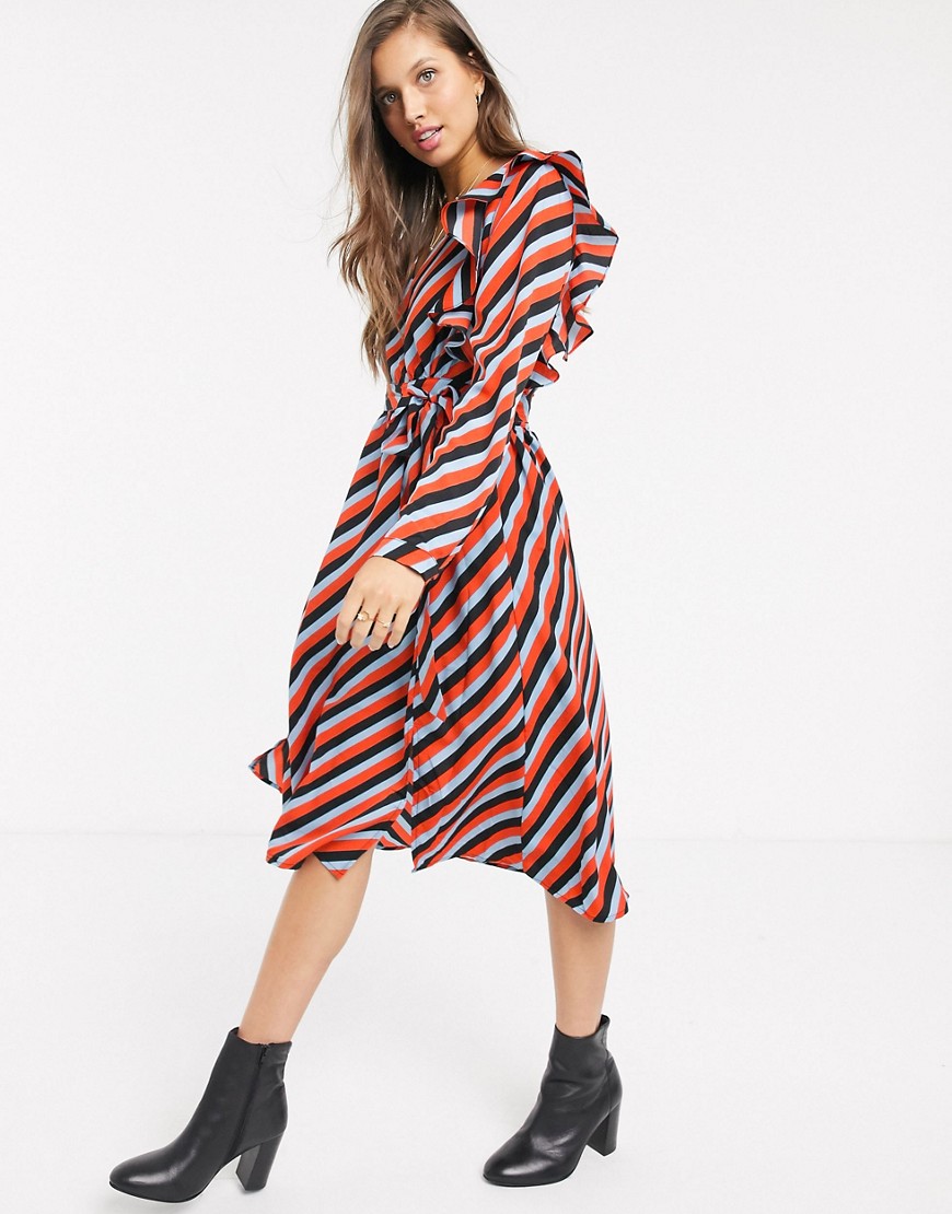 Glamorous long sleeve midi tea dress in stripe-Multi