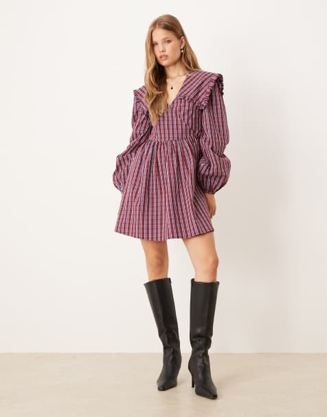 Glamorous long sleeve mii smock dress with dramatic collar in red blue check - view 1