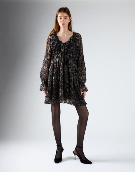 Glamorous Long sleeve mini dress in black paisley devore