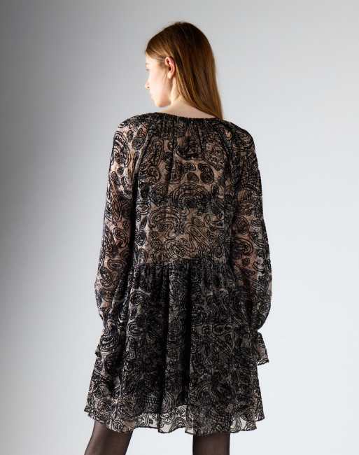 Glamorous Long sleeve mini dress in black paisley devore, 2 of 4