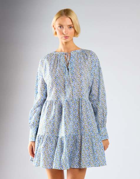 Glamorous Long sleeve mini dress in blue ditsy floral