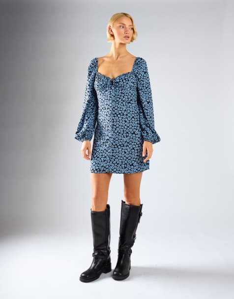 Glamorous Long sleeve mini dress in dusty blue mini floral - view 1
